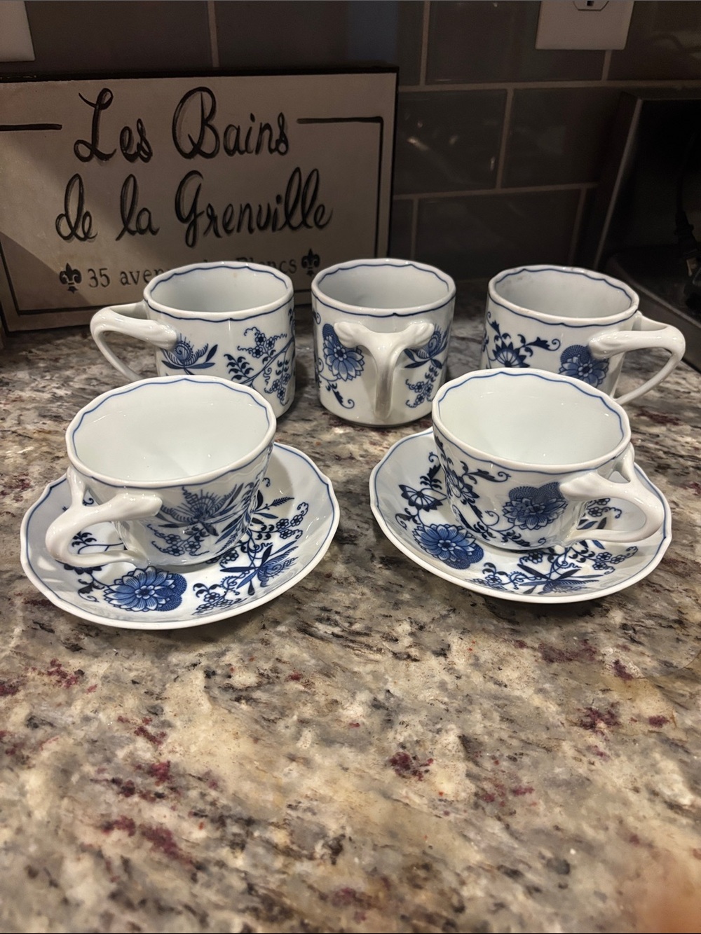 Blue Daube Blue and White Floral Porcelain 2 Teacup and Saucer 3 Mug Set